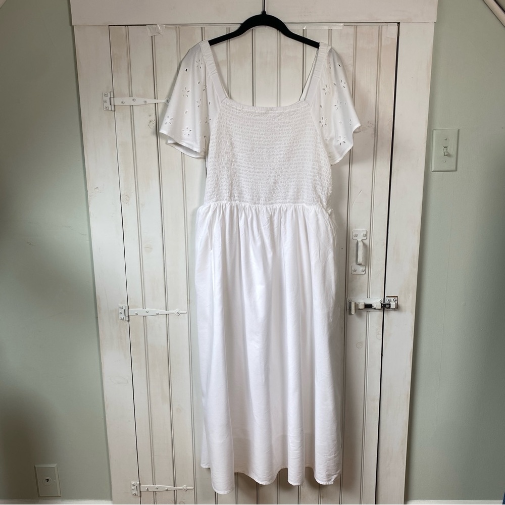 Beachlunchlounge White Smocked Eyelet Sleeve Midi Dress Large - Picture 11 of 11